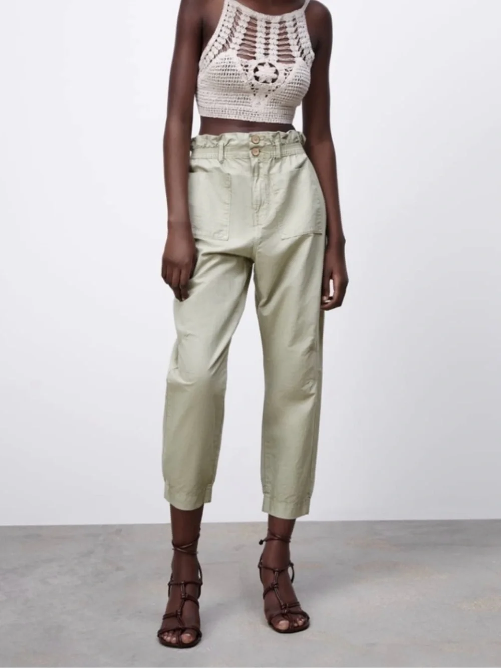 Zara 10 Cotton & Linen Trouser Pants Paperbag High Waist Spring Baggy Carrot Leg
